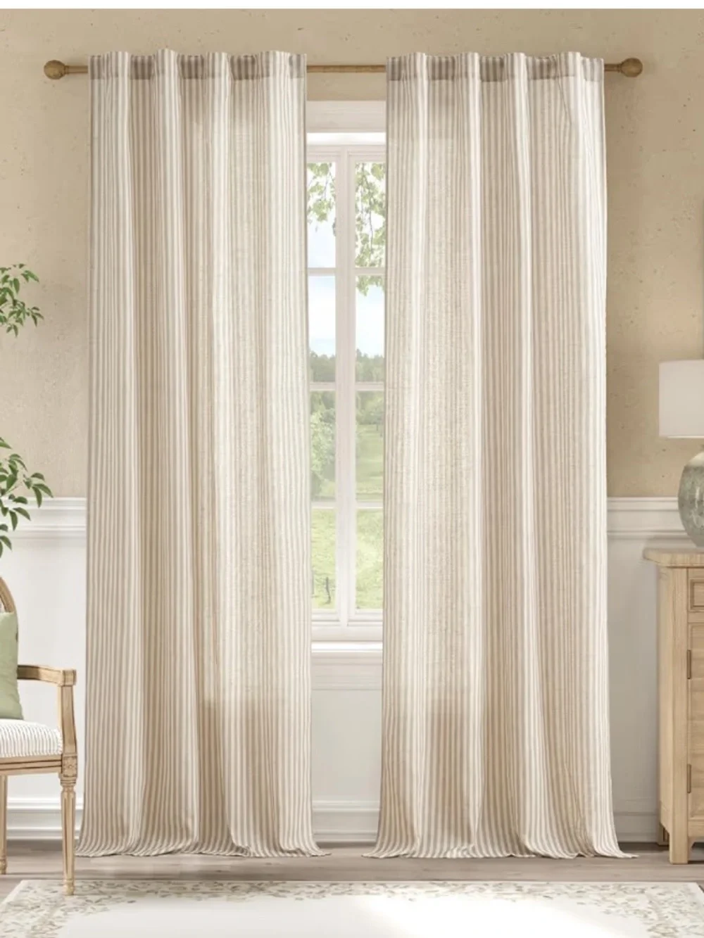 Striped Curtains Light-Filtering Rod Pocket Back Tab - TAUPE GRAY ON BEIGE